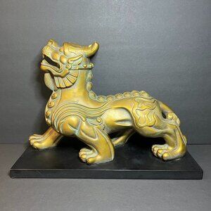 Vintage Chinese Dragon Pi Xiu Mythical Beast Heavy Brass Coated Sculpture Statue